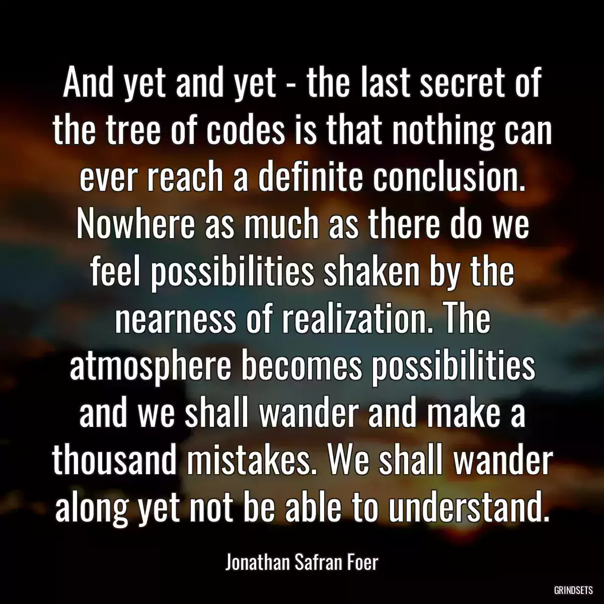 And yet and yet - the last secret of the tree of codes is that nothing can ever reach a definite conclusion. Nowhere as much as there do we feel possibilities shaken by the nearness of realization. The atmosphere becomes possibilities and we shall wander and make a thousand mistakes. We shall wander along yet not be able to understand.