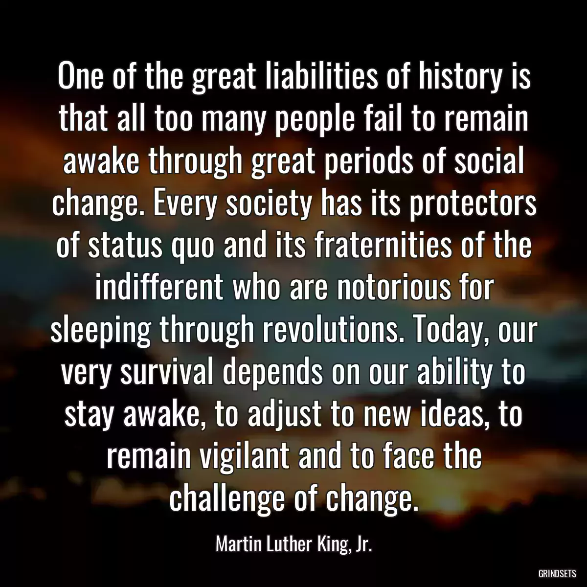 One of the great liabilities of history is that all too many people fail to remain awake through great periods of social change. Every society has its protectors of status quo and its fraternities of the indifferent who are notorious for sleeping through revolutions. Today, our very survival depends on our ability to stay awake, to adjust to new ideas, to remain vigilant and to face the challenge of change.