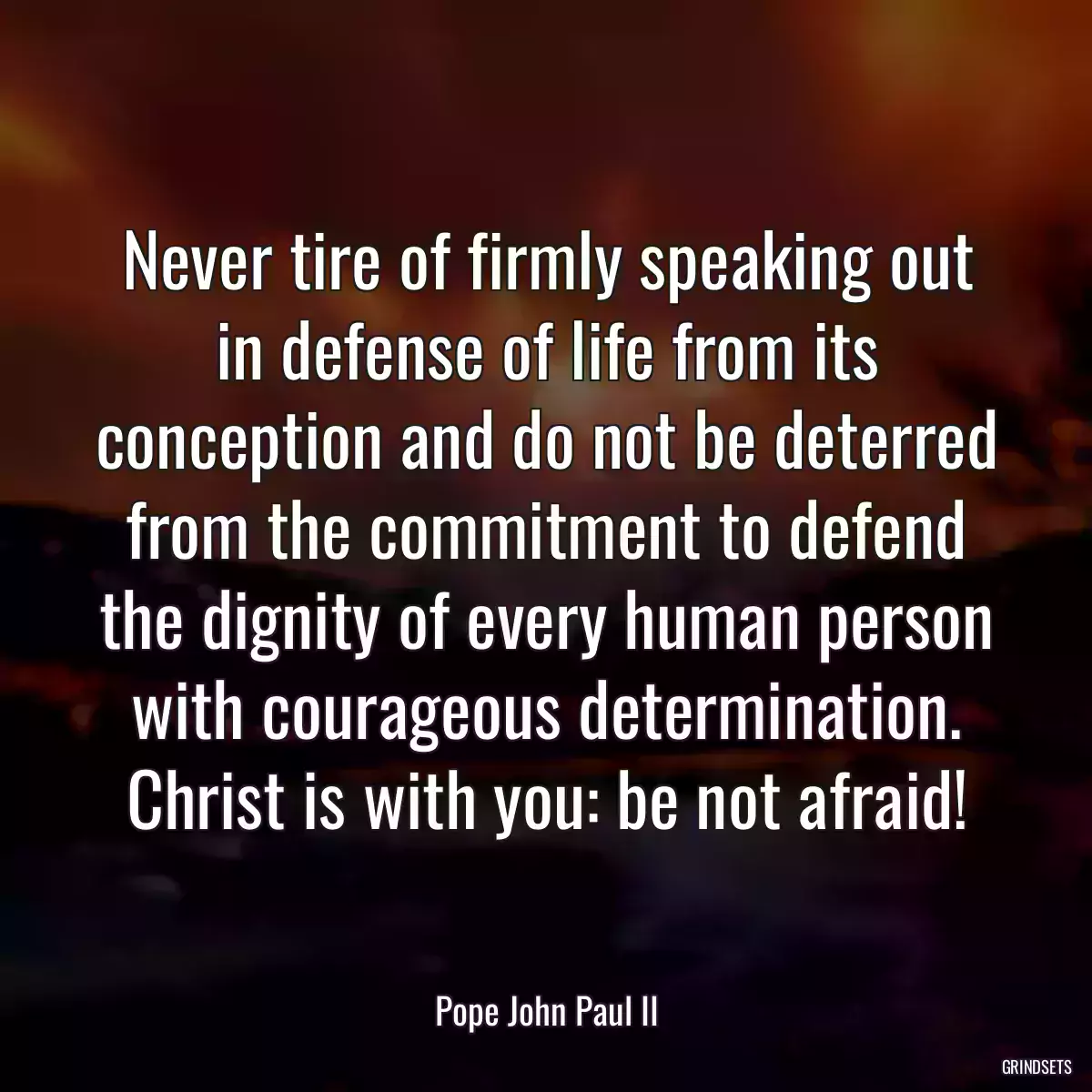 Never tire of firmly speaking out in defense of life from its conception and do not be deterred from the commitment to defend the dignity of every human person with courageous determination. Christ is with you: be not afraid!