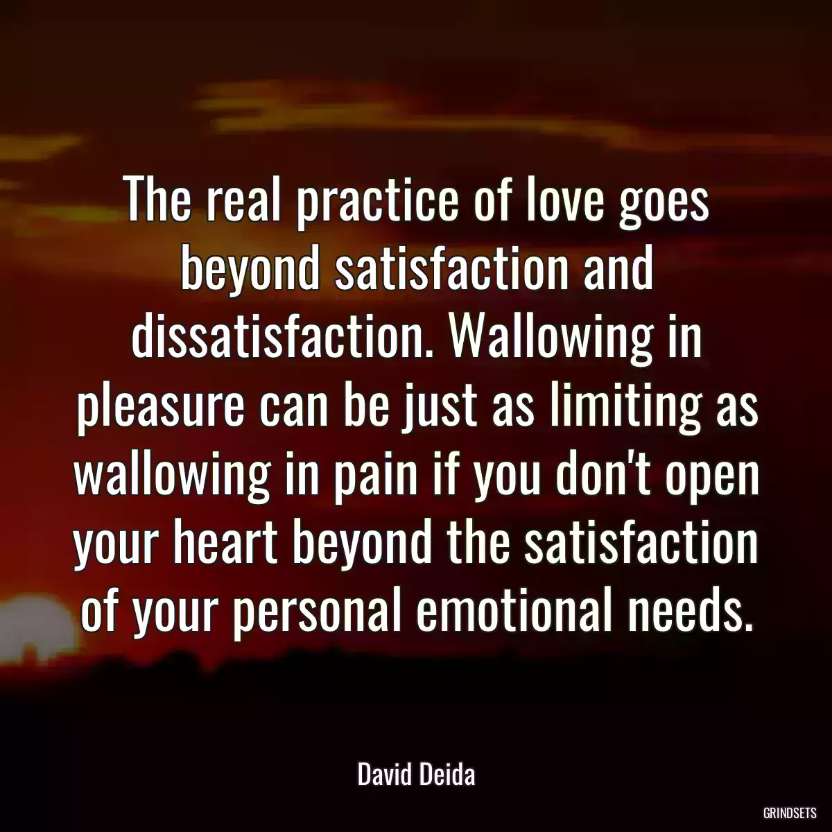 The real practice of love goes beyond satisfaction and dissatisfaction. Wallowing in pleasure can be just as limiting as wallowing in pain if you don\'t open your heart beyond the satisfaction of your personal emotional needs.