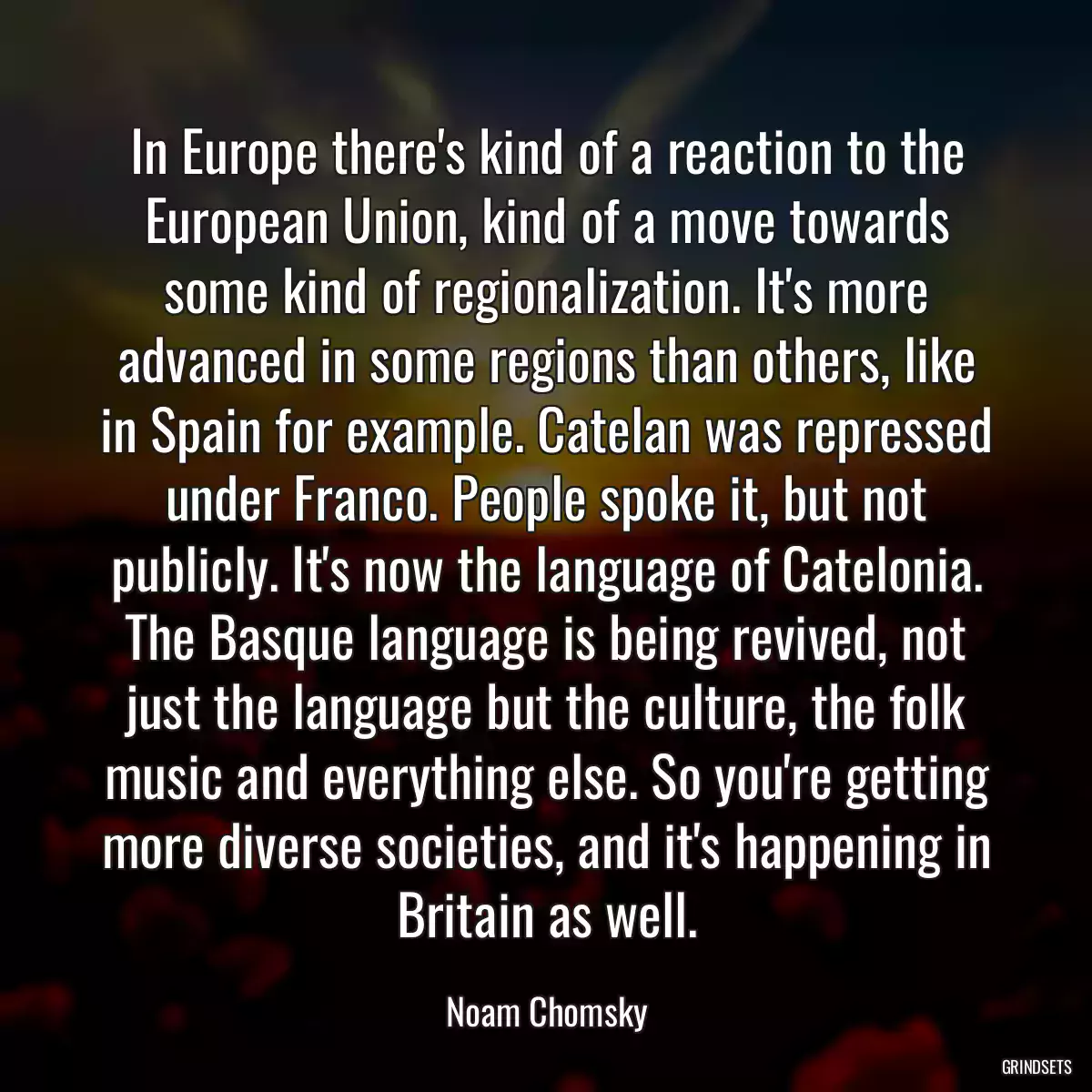 In Europe there\'s kind of a reaction to the European Union, kind of a move towards some kind of regionalization. It\'s more advanced in some regions than others, like in Spain for example. Catelan was repressed under Franco. People spoke it, but not publicly. It\'s now the language of Catelonia. The Basque language is being revived, not just the language but the culture, the folk music and everything else. So you\'re getting more diverse societies, and it\'s happening in Britain as well.