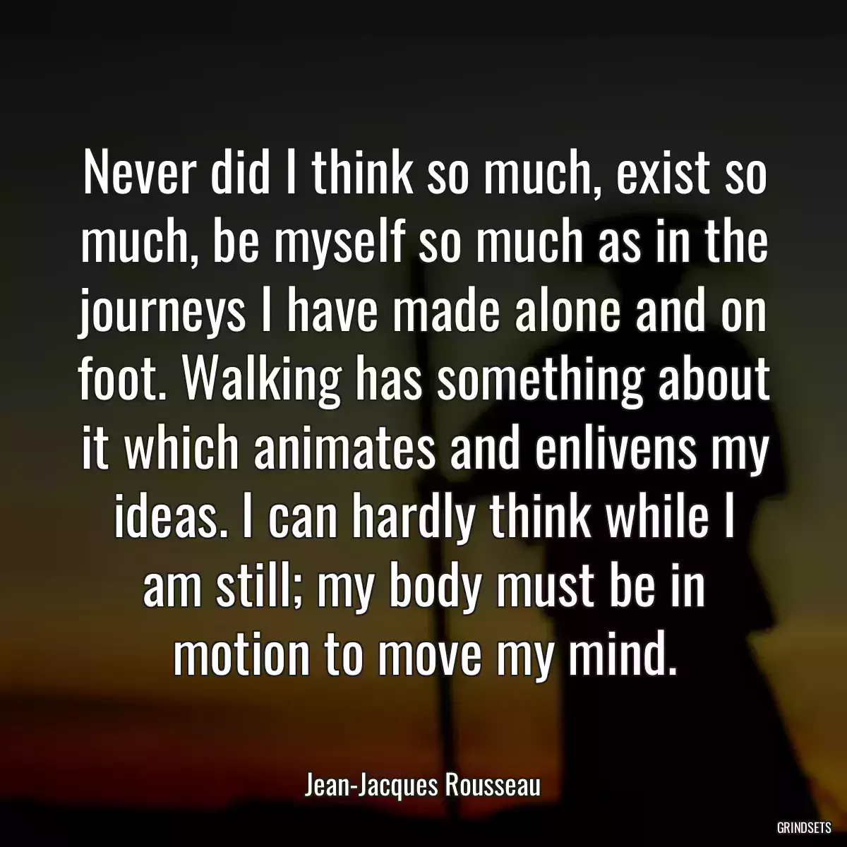 Never did I think so much, exist so much, be myself so much as in the journeys I have made alone and on foot. Walking has something about it which animates and enlivens my ideas. I can hardly think while I am still; my body must be in motion to move my mind.