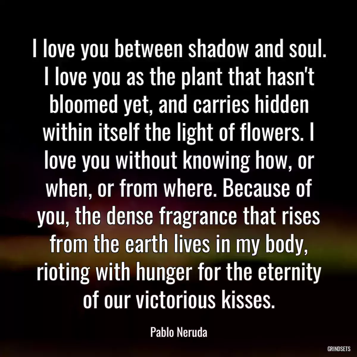 I love you between shadow and soul. I love you as the plant that hasn\'t bloomed yet, and carries hidden within itself the light of flowers. I love you without knowing how, or when, or from where. Because of you, the dense fragrance that rises from the earth lives in my body, rioting with hunger for the eternity of our victorious kisses.