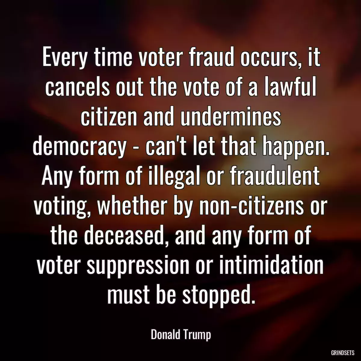 Every time voter fraud occurs, it cancels out the vote of a lawful citizen and undermines democracy - can\'t let that happen. Any form of illegal or fraudulent voting, whether by non-citizens or the deceased, and any form of voter suppression or intimidation must be stopped.