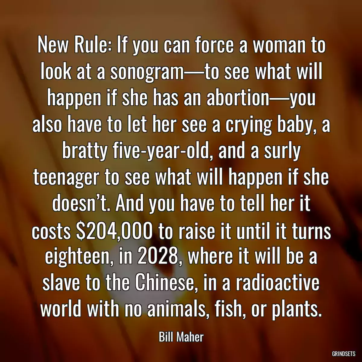 New Rule: If you can force a woman to look at a sonogram—to see what will happen if she has an abortion—you also have to let her see a crying baby, a bratty five-year-old, and a surly teenager to see what will happen if she doesn’t. And you have to tell her it costs $204,000 to raise it until it turns eighteen, in 2028, where it will be a slave to the Chinese, in a radioactive world with no animals, fish, or plants.