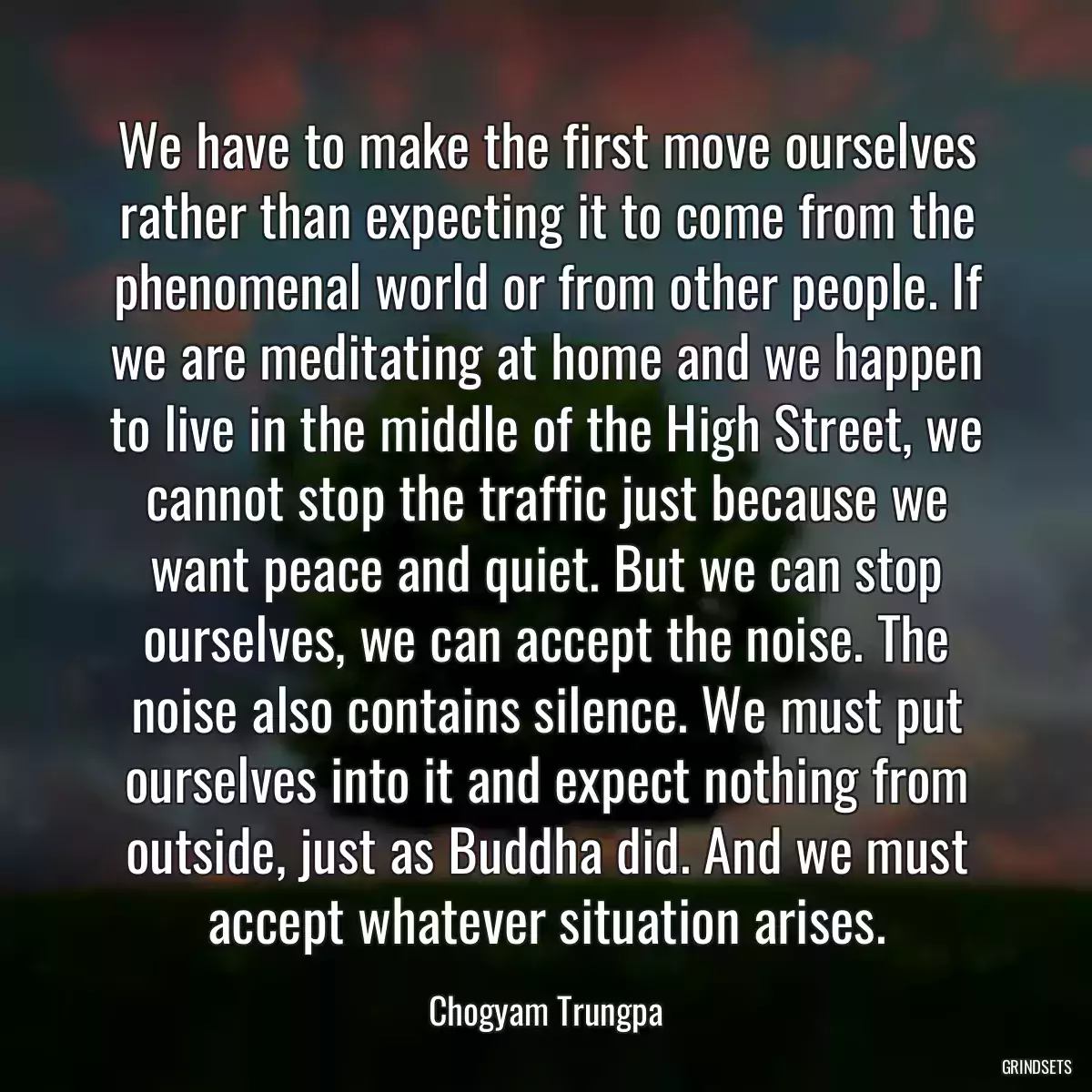 We have to make the first move ourselves rather than expecting it to come from the phenomenal world or from other people. If we are meditating at home and we happen to live in the middle of the High Street, we cannot stop the traffic just because we want peace and quiet. But we can stop ourselves, we can accept the noise. The noise also contains silence. We must put ourselves into it and expect nothing from outside, just as Buddha did. And we must accept whatever situation arises.