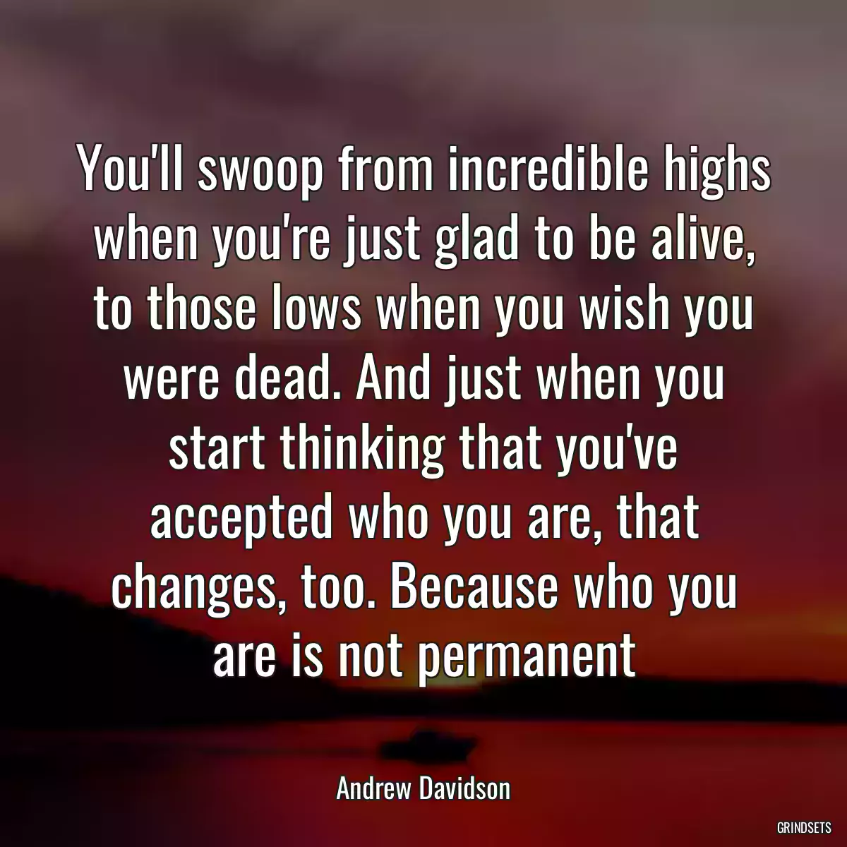 You\'ll swoop from incredible highs when you\'re just glad to be alive, to those lows when you wish you were dead. And just when you start thinking that you\'ve accepted who you are, that changes, too. Because who you are is not permanent