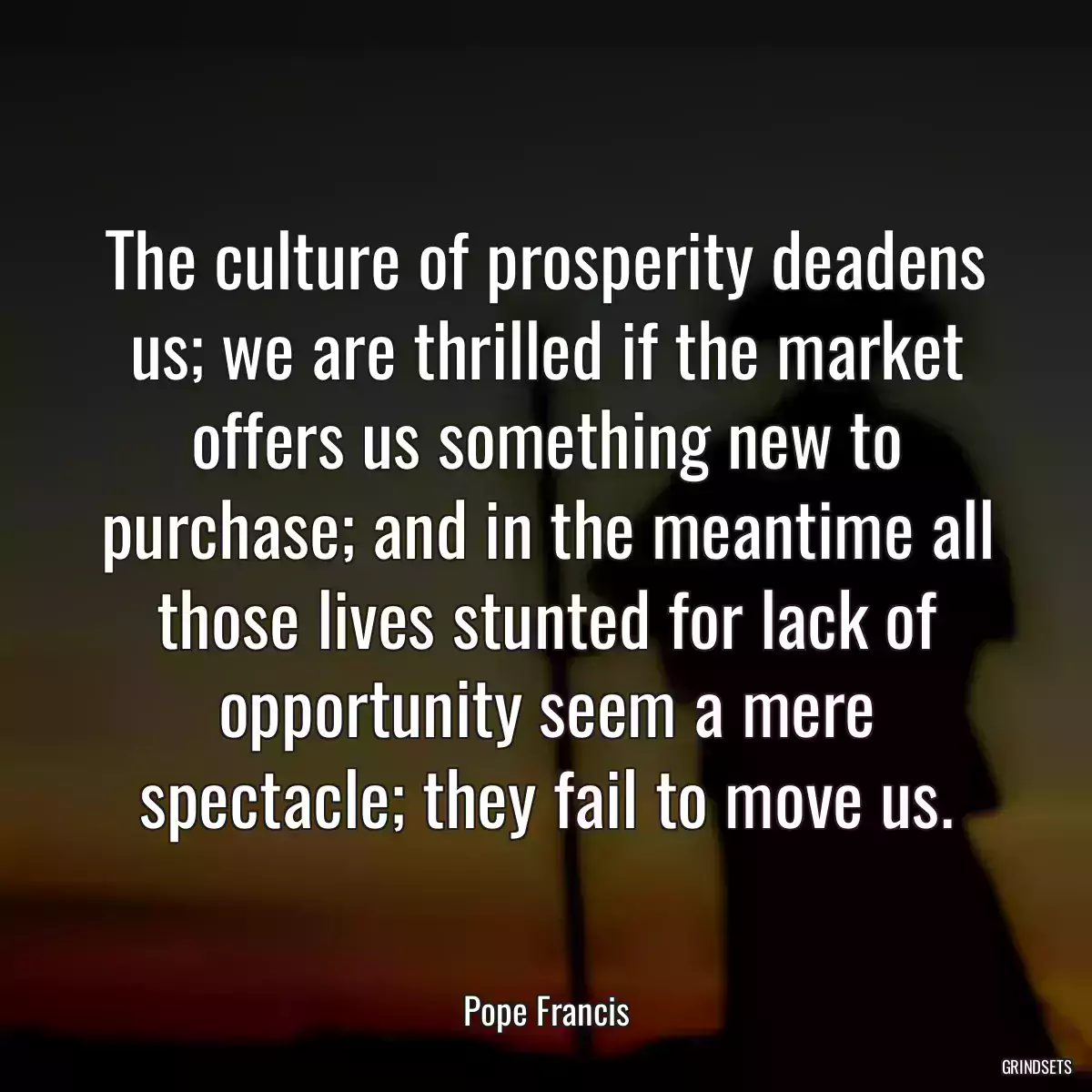 The culture of prosperity deadens us; we are thrilled if the market offers us something new to purchase; and in the meantime all those lives stunted for lack of opportunity seem a mere spectacle; they fail to move us.