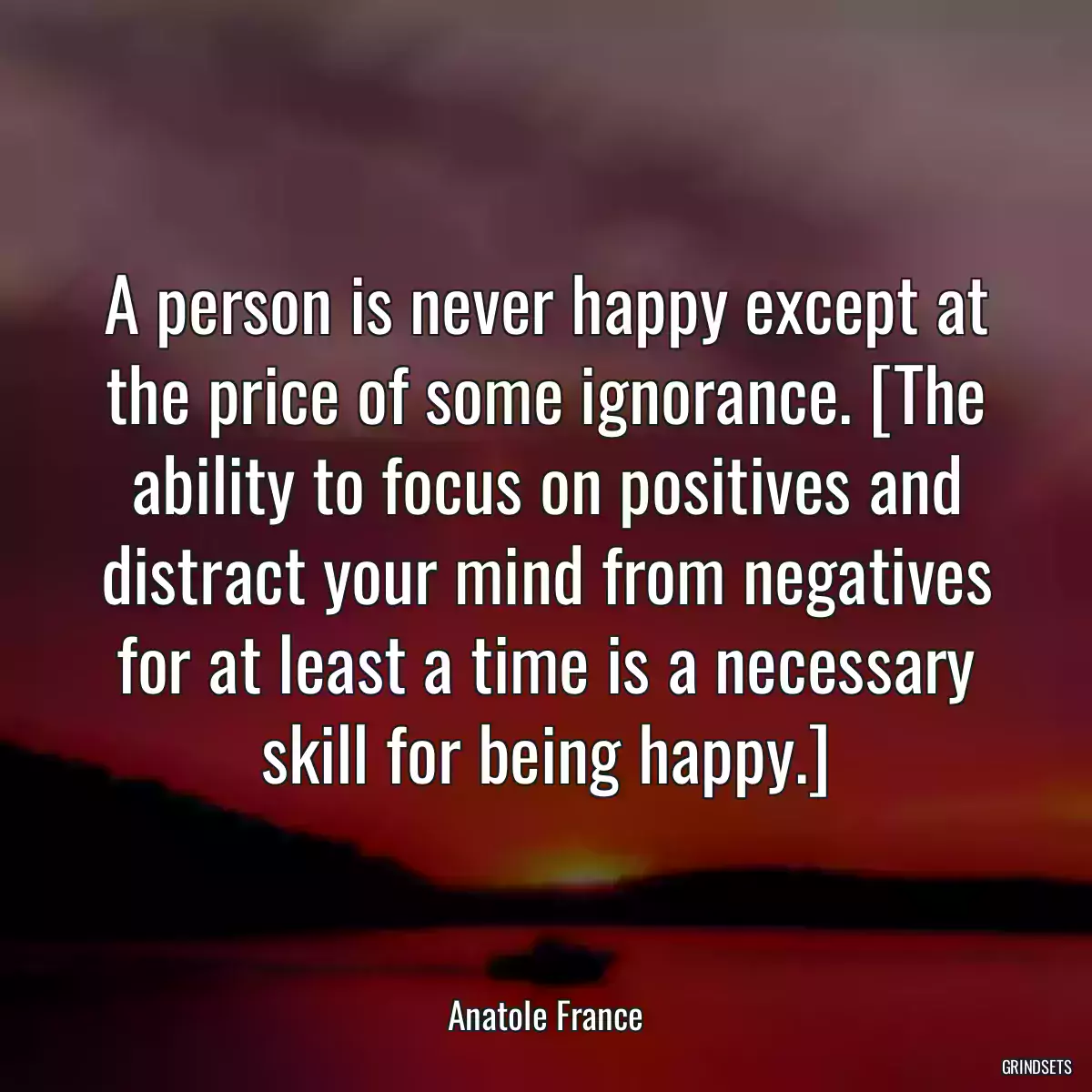 A person is never happy except at the price of some ignorance. [The ability to focus on positives and distract your mind from negatives for at least a time is a necessary skill for being happy.]