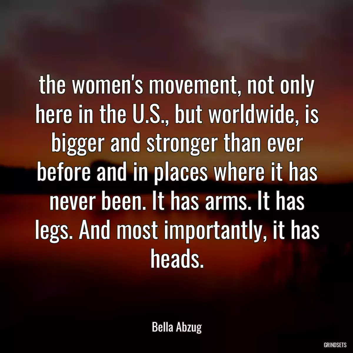 the women\'s movement, not only here in the U.S., but worldwide, is bigger and stronger than ever before and in places where it has never been. It has arms. It has legs. And most importantly, it has heads.