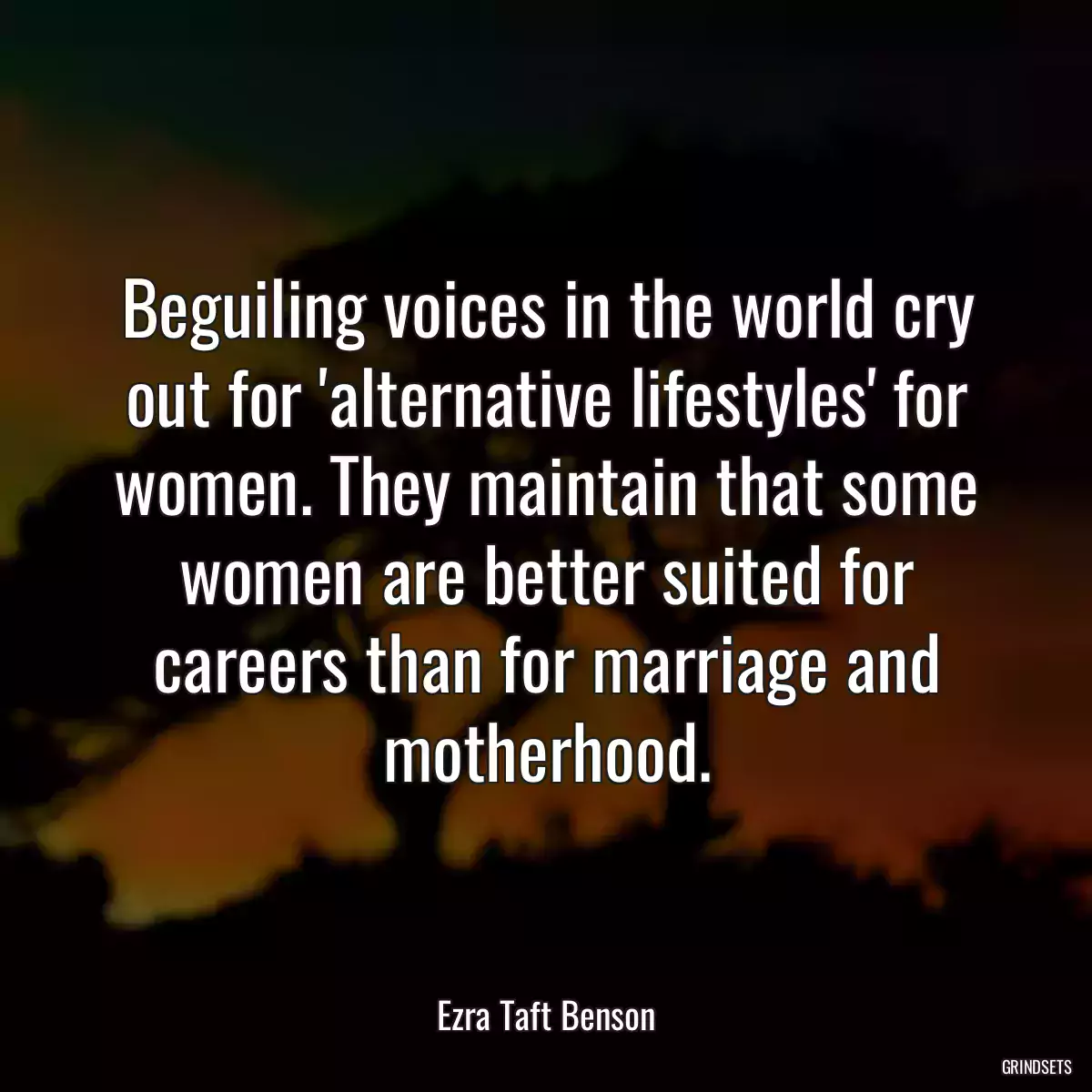 Beguiling voices in the world cry out for \'alternative lifestyles\' for women. They maintain that some women are better suited for careers than for marriage and motherhood.