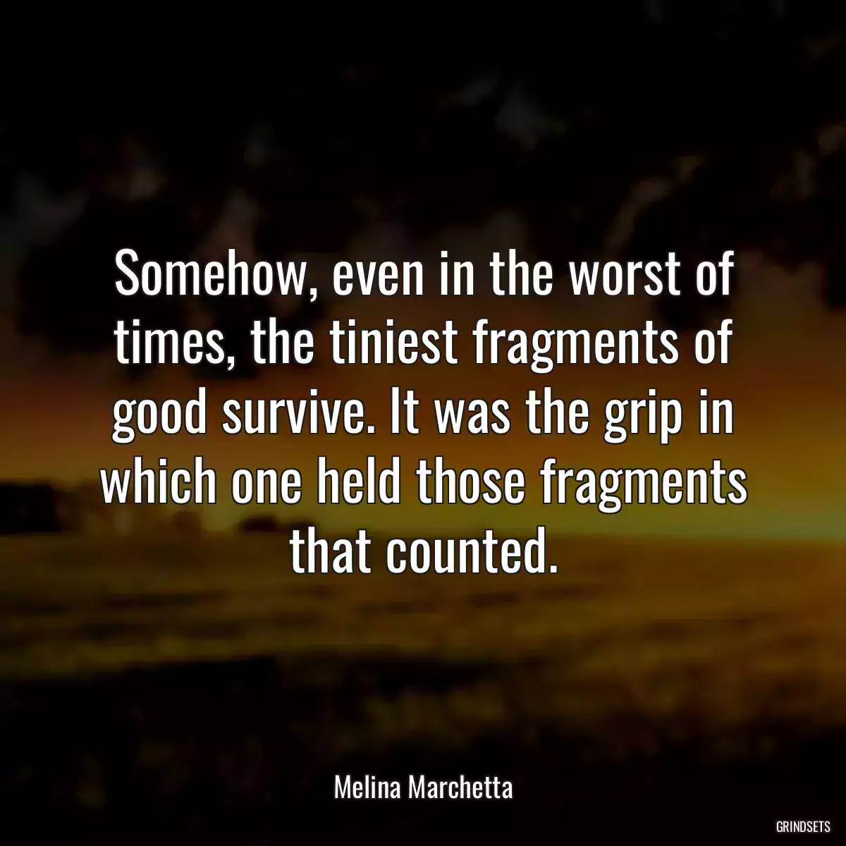 Somehow, even in the worst of times, the tiniest fragments of good survive. It was the grip in which one held those fragments that counted.