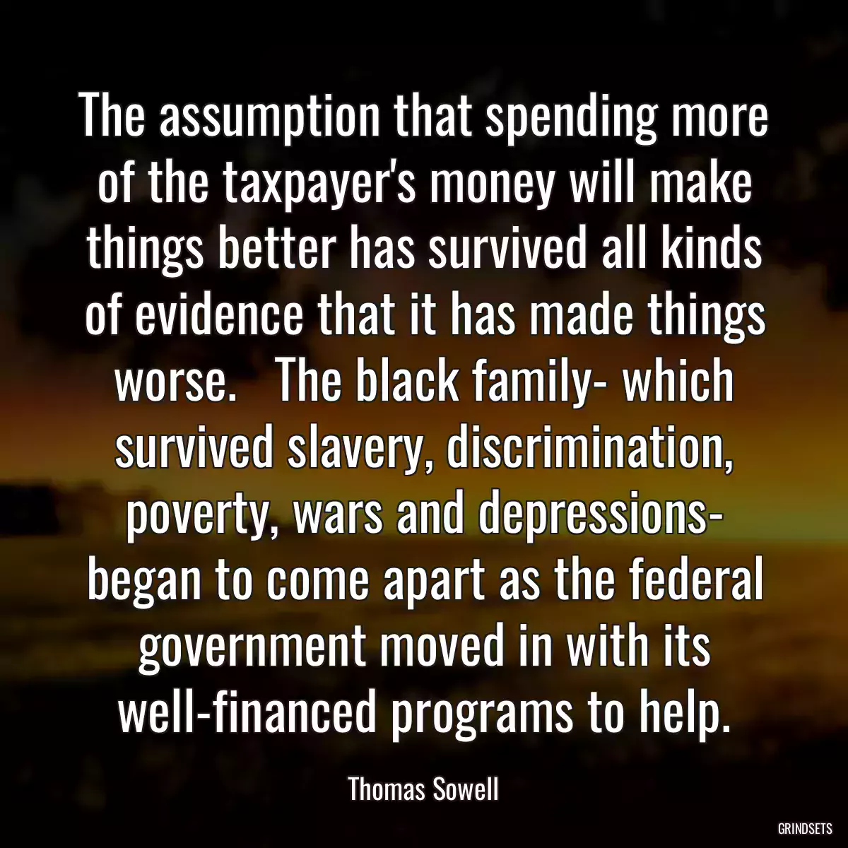 The assumption that spending more of the taxpayer\'s money will make things better has survived all kinds of evidence that it has made things worse.   The black family- which survived slavery, discrimination, poverty, wars and depressions- began to come apart as the federal government moved in with its well-financed programs to help.