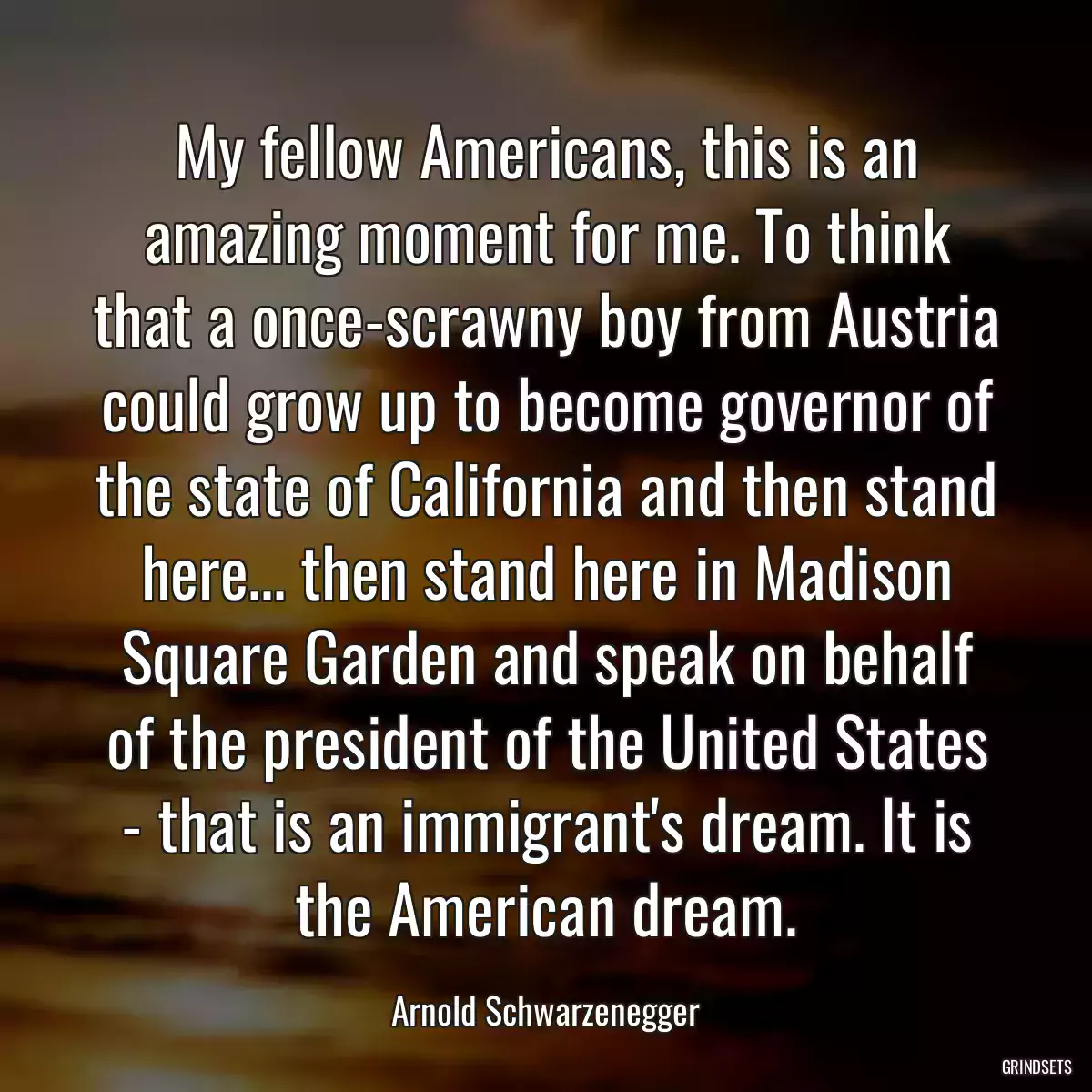 My fellow Americans, this is an amazing moment for me. To think that a once-scrawny boy from Austria could grow up to become governor of the state of California and then stand here... then stand here in Madison Square Garden and speak on behalf of the president of the United States - that is an immigrant\'s dream. It is the American dream.