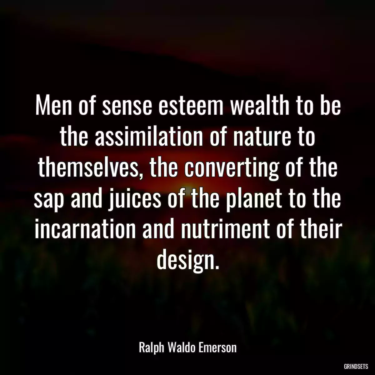 Men of sense esteem wealth to be the assimilation of nature to themselves, the converting of the sap and juices of the planet to the incarnation and nutriment of their design.