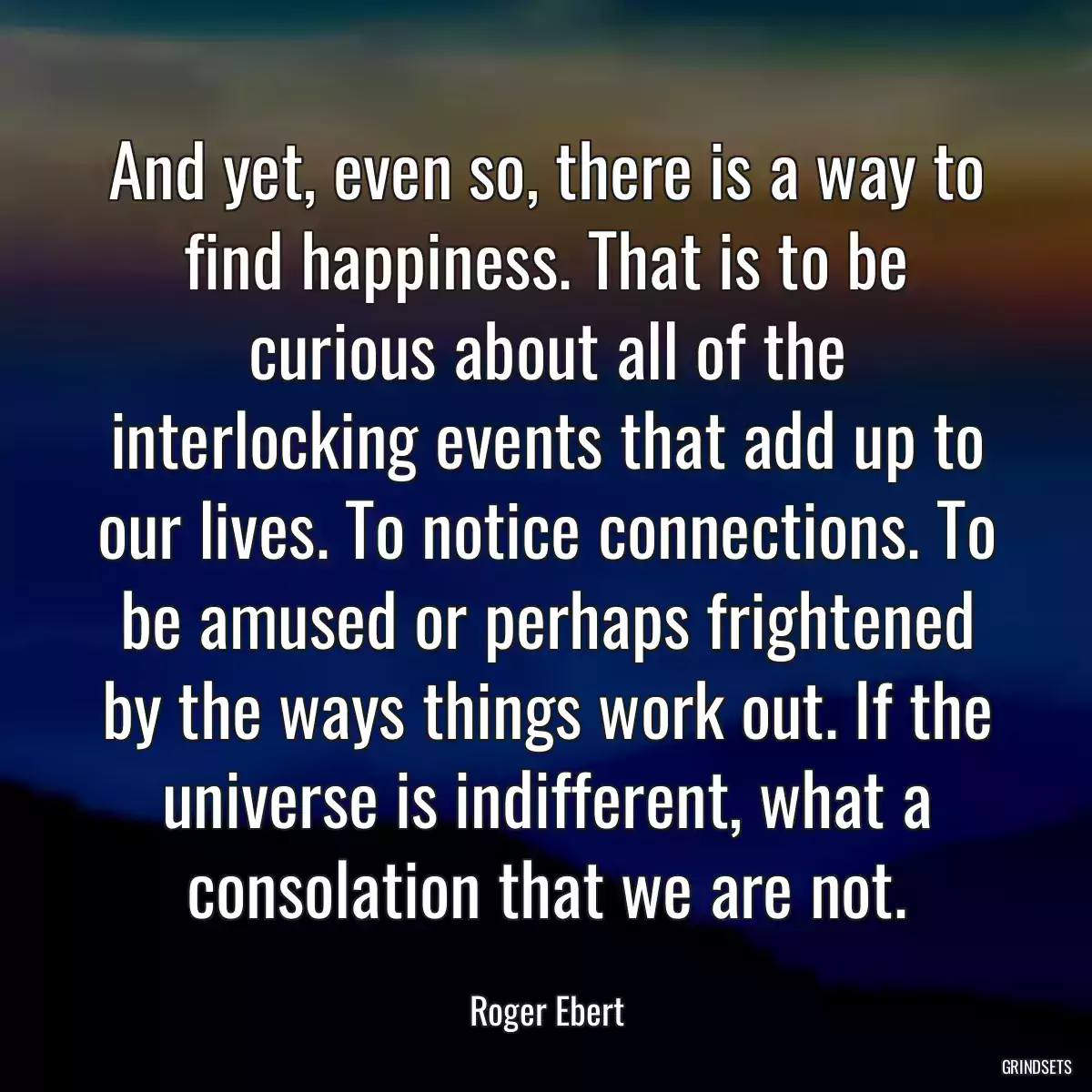 And yet, even so, there is a way to find happiness. That is to be curious about all of the interlocking events that add up to our lives. To notice connections. To be amused or perhaps frightened by the ways things work out. If the universe is indifferent, what a consolation that we are not.