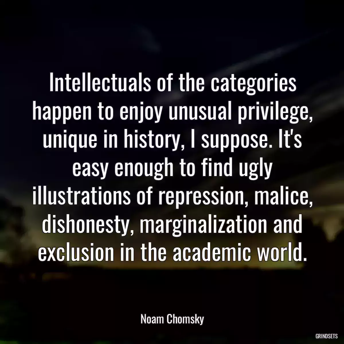 Intellectuals of the categories happen to enjoy unusual privilege, unique in history, I suppose. It\'s easy enough to find ugly illustrations of repression, malice, dishonesty, marginalization and exclusion in the academic world.