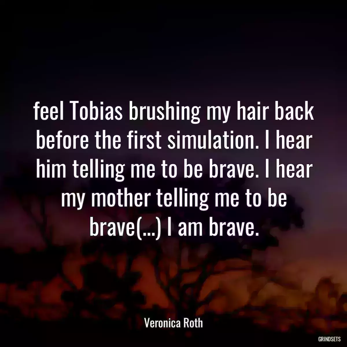 feel Tobias brushing my hair back before the first simulation. I hear him telling me to be brave. I hear my mother telling me to be brave(...) I am brave.
