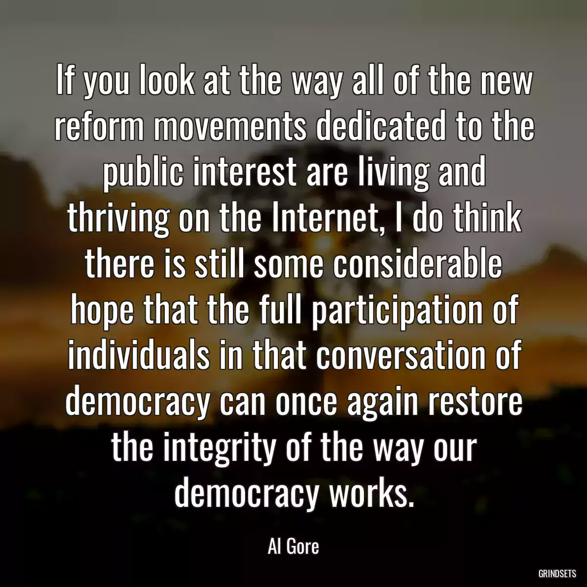 If you look at the way all of the new reform movements dedicated to the public interest are living and thriving on the Internet, I do think there is still some considerable hope that the full participation of individuals in that conversation of democracy can once again restore the integrity of the way our democracy works.