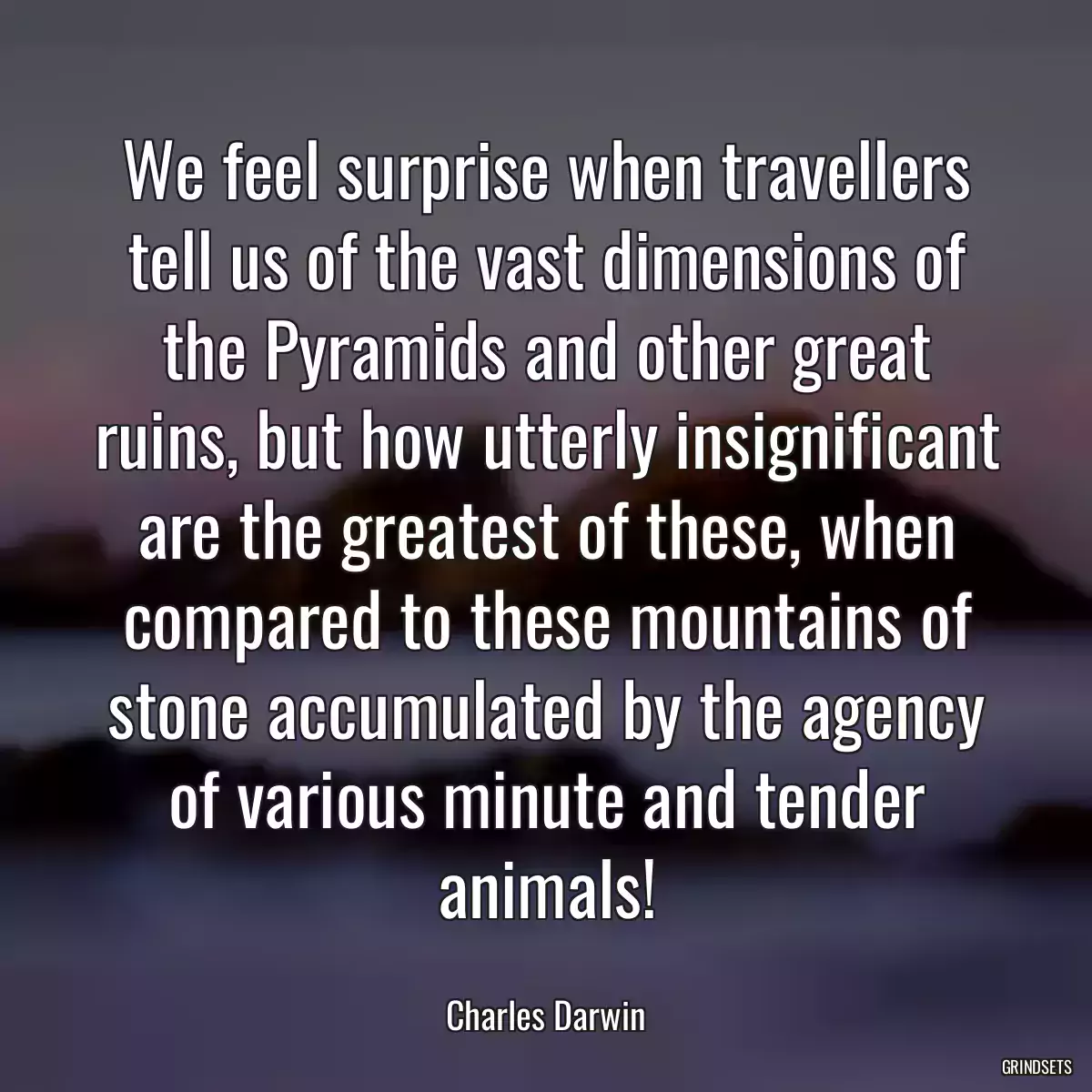 We feel surprise when travellers tell us of the vast dimensions of the Pyramids and other great ruins, but how utterly insignificant are the greatest of these, when compared to these mountains of stone accumulated by the agency of various minute and tender animals!