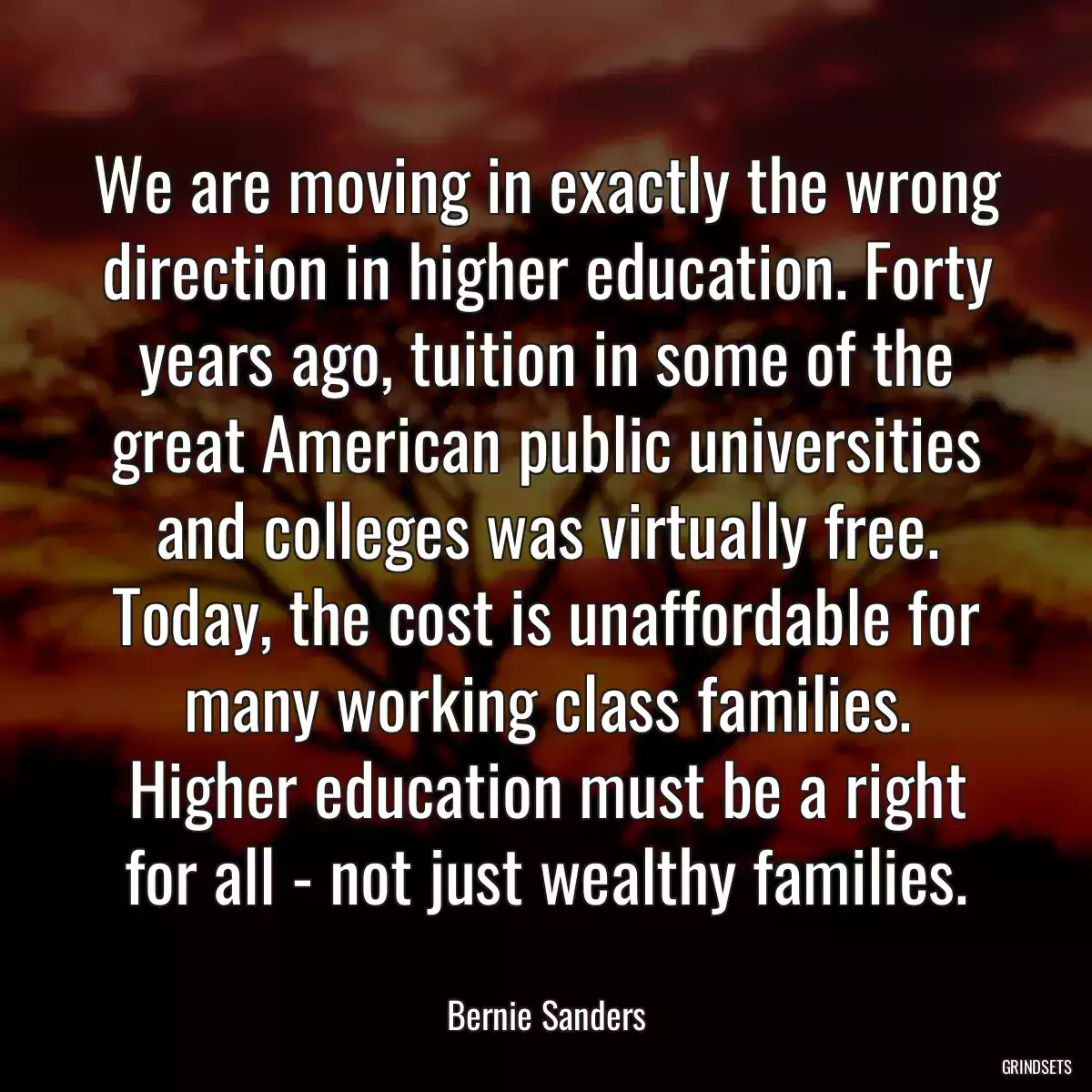 We are moving in exactly the wrong direction in higher education. Forty years ago, tuition in some of the great American public universities and colleges was virtually free. Today, the cost is unaffordable for many working class families. Higher education must be a right for all - not just wealthy families.