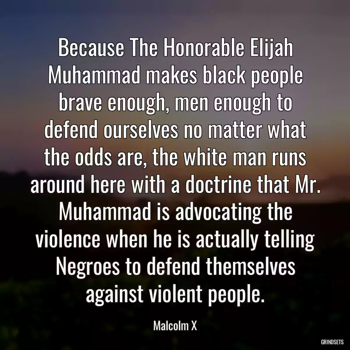 Because The Honorable Elijah Muhammad makes black people brave enough, men enough to defend ourselves no matter what the odds are, the white man runs around here with a doctrine that Mr. Muhammad is advocating the violence when he is actually telling Negroes to defend themselves against violent people.