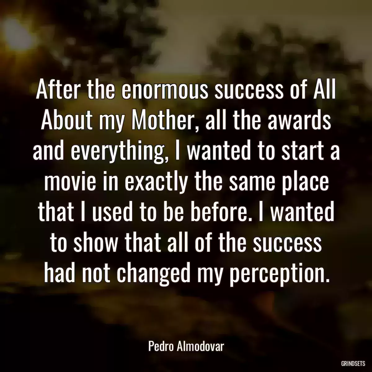 After the enormous success of All About my Mother, all the awards and everything, I wanted to start a movie in exactly the same place that I used to be before. I wanted to show that all of the success had not changed my perception.