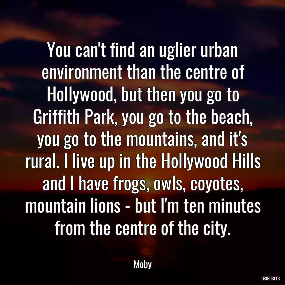 You can\'t find an uglier urban environment than the centre of Hollywood, but then you go to Griffith Park, you go to the beach, you go to the mountains, and it\'s rural. I live up in the Hollywood Hills and I have frogs, owls, coyotes, mountain lions - but I\'m ten minutes from the centre of the city.