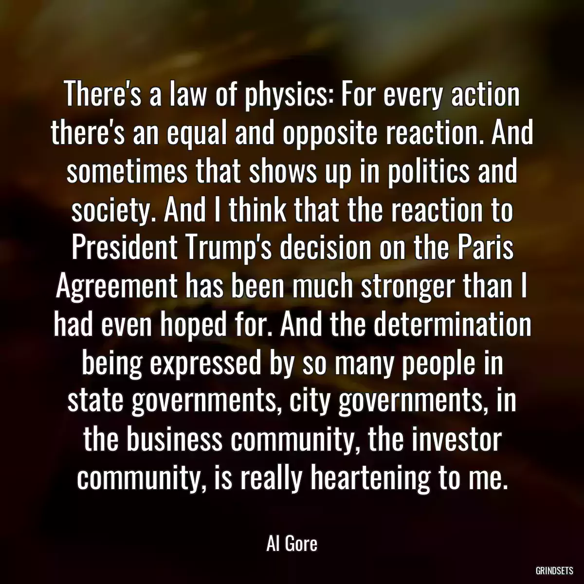 There\'s a law of physics: For every action there\'s an equal and opposite reaction. And sometimes that shows up in politics and society. And I think that the reaction to President Trump\'s decision on the Paris Agreement has been much stronger than I had even hoped for. And the determination being expressed by so many people in state governments, city governments, in the business community, the investor community, is really heartening to me.