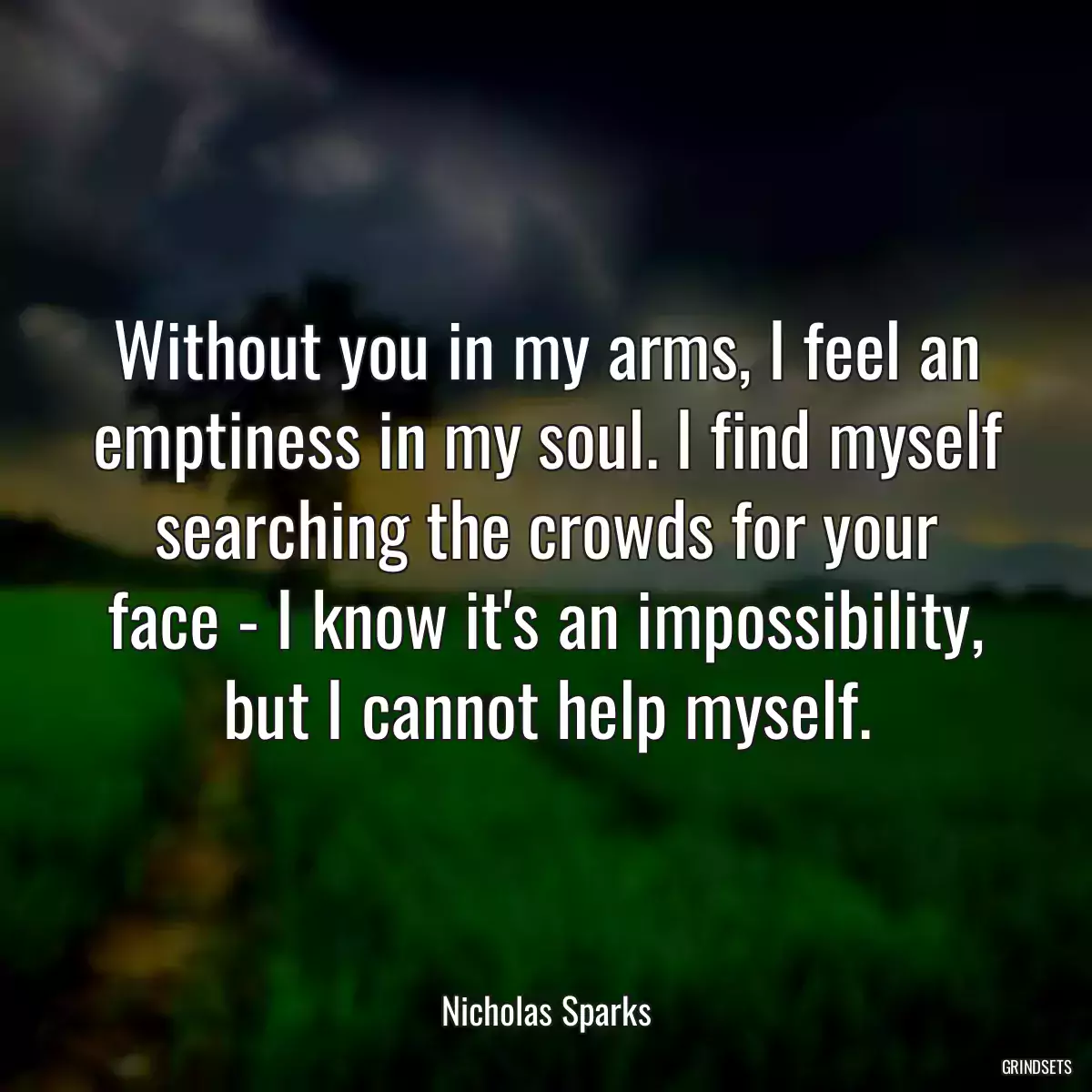 Without you in my arms, I feel an emptiness in my soul. I find myself searching the crowds for your face - I know it\'s an impossibility, but I cannot help myself.