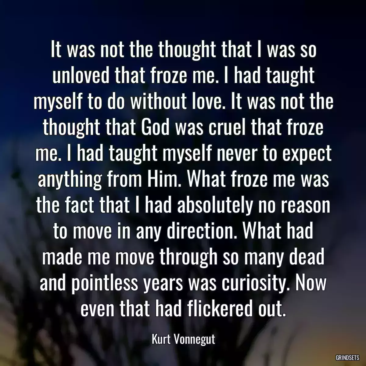 It was not the thought that I was so unloved that froze me. I had taught myself to do without love. It was not the thought that God was cruel that froze me. I had taught myself never to expect anything from Him. What froze me was the fact that I had absolutely no reason to move in any direction. What had made me move through so many dead and pointless years was curiosity. Now even that had flickered out.