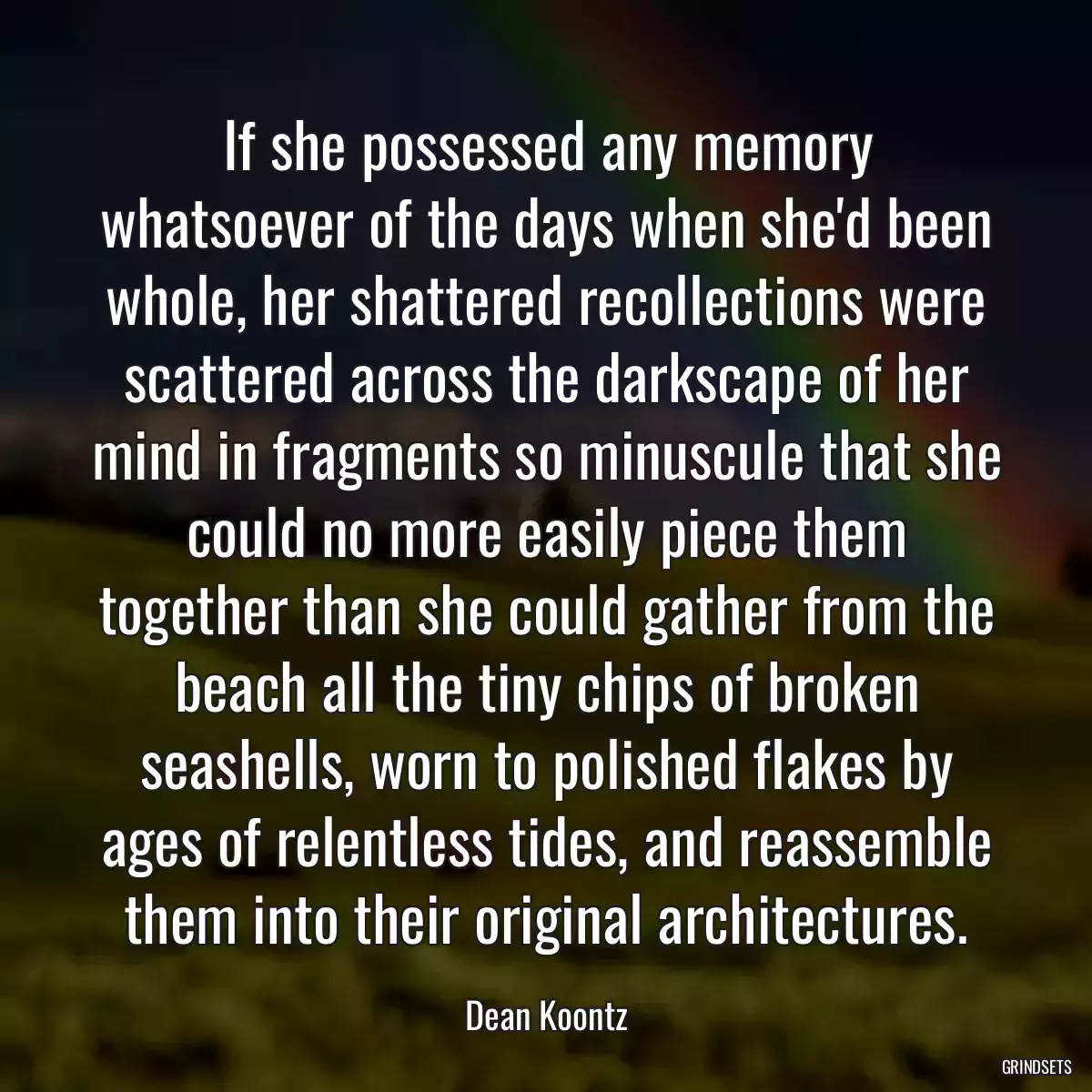 If she possessed any memory whatsoever of the days when she\'d been whole, her shattered recollections were scattered across the darkscape of her mind in fragments so minuscule that she could no more easily piece them together than she could gather from the beach all the tiny chips of broken seashells, worn to polished flakes by ages of relentless tides, and reassemble them into their original architectures.