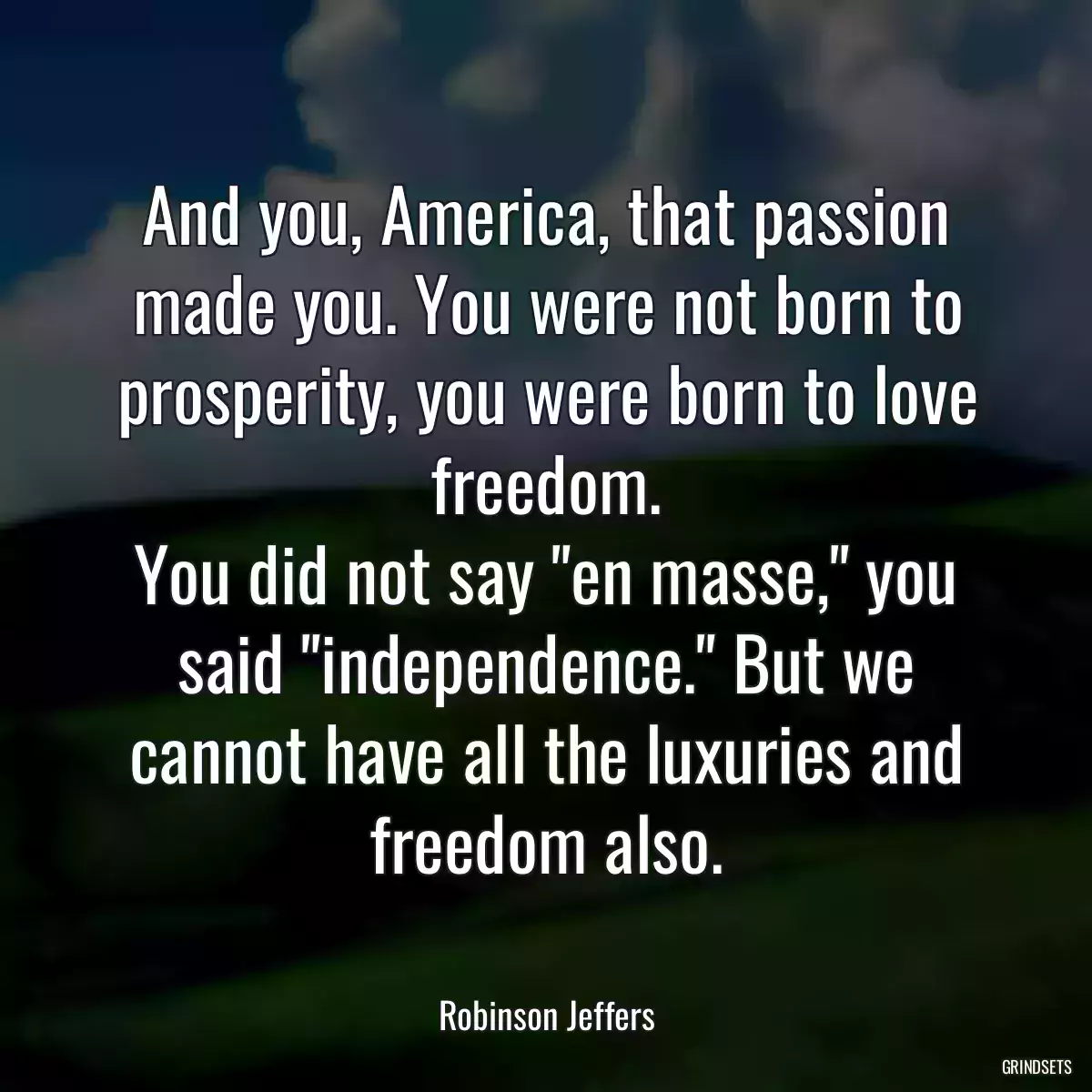 And you, America, that passion made you. You were not born to
prosperity, you were born to love freedom.
You did not say \