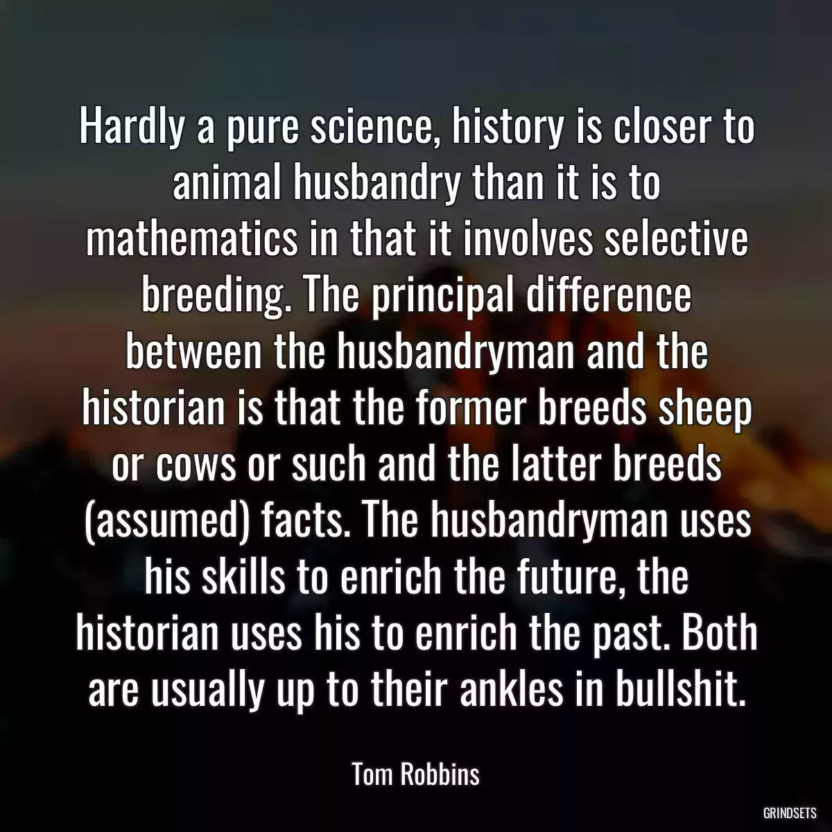 Hardly a pure science, history is closer to animal husbandry than it is to mathematics in that it involves selective breeding. The principal difference between the husbandryman and the historian is that the former breeds sheep or cows or such and the latter breeds (assumed) facts. The husbandryman uses his skills to enrich the future, the historian uses his to enrich the past. Both are usually up to their ankles in bullshit.