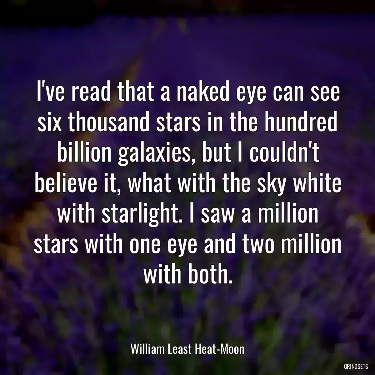 I\'ve read that a naked eye can see six thousand stars in the hundred billion galaxies, but I couldn\'t believe it, what with the sky white with starlight. I saw a million stars with one eye and two million with both.