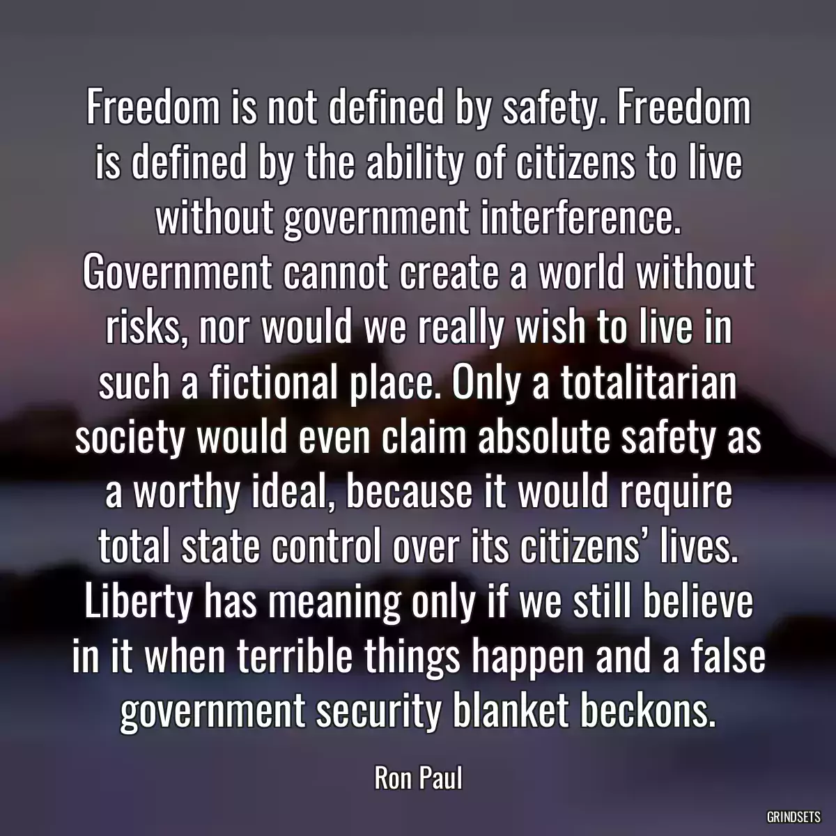 Freedom is not defined by safety. Freedom is defined by the ability of citizens to live without government interference. Government cannot create a world without risks, nor would we really wish to live in such a fictional place. Only a totalitarian society would even claim absolute safety as a worthy ideal, because it would require total state control over its citizens’ lives. Liberty has meaning only if we still believe in it when terrible things happen and a false government security blanket beckons.