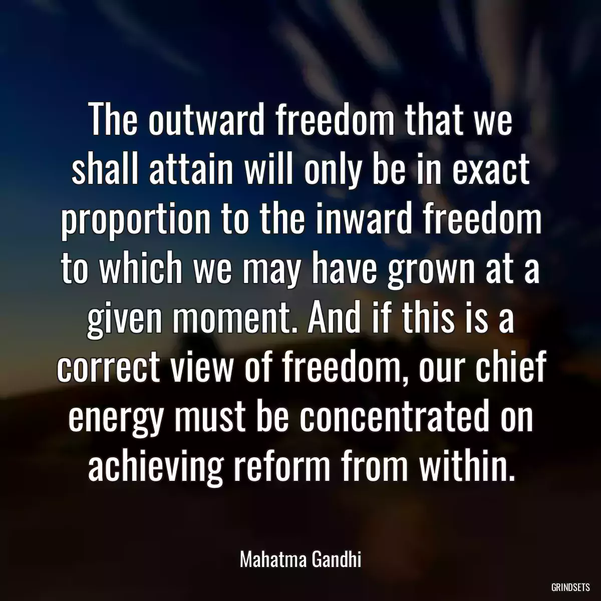 The outward freedom that we shall attain will only be in exact proportion to the inward freedom to which we may have grown at a given moment. And if this is a correct view of freedom, our chief energy must be concentrated on achieving reform from within.