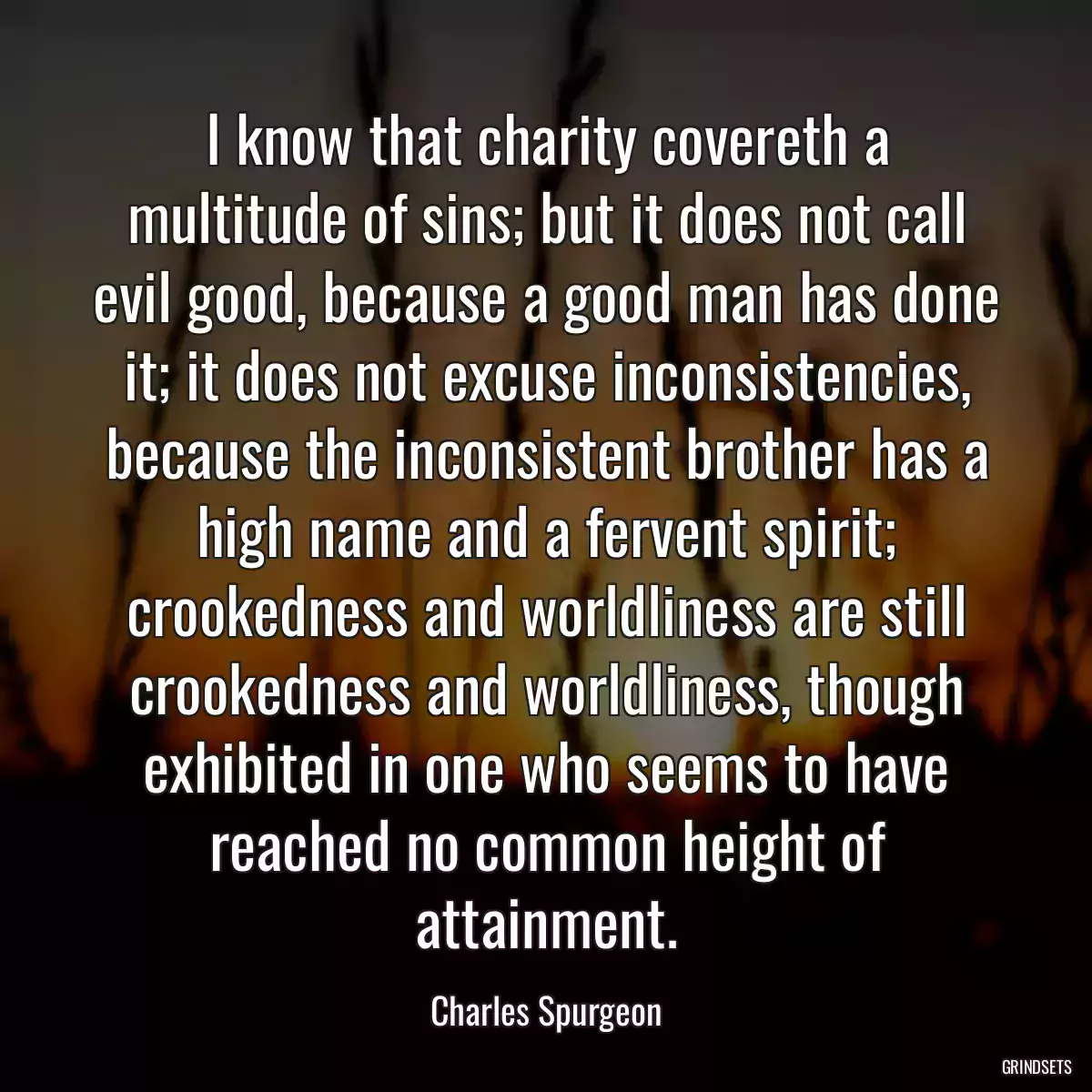 I know that charity covereth a multitude of sins; but it does not call evil good, because a good man has done it; it does not excuse inconsistencies, because the inconsistent brother has a high name and a fervent spirit; crookedness and worldliness are still crookedness and worldliness, though exhibited in one who seems to have reached no common height of attainment.