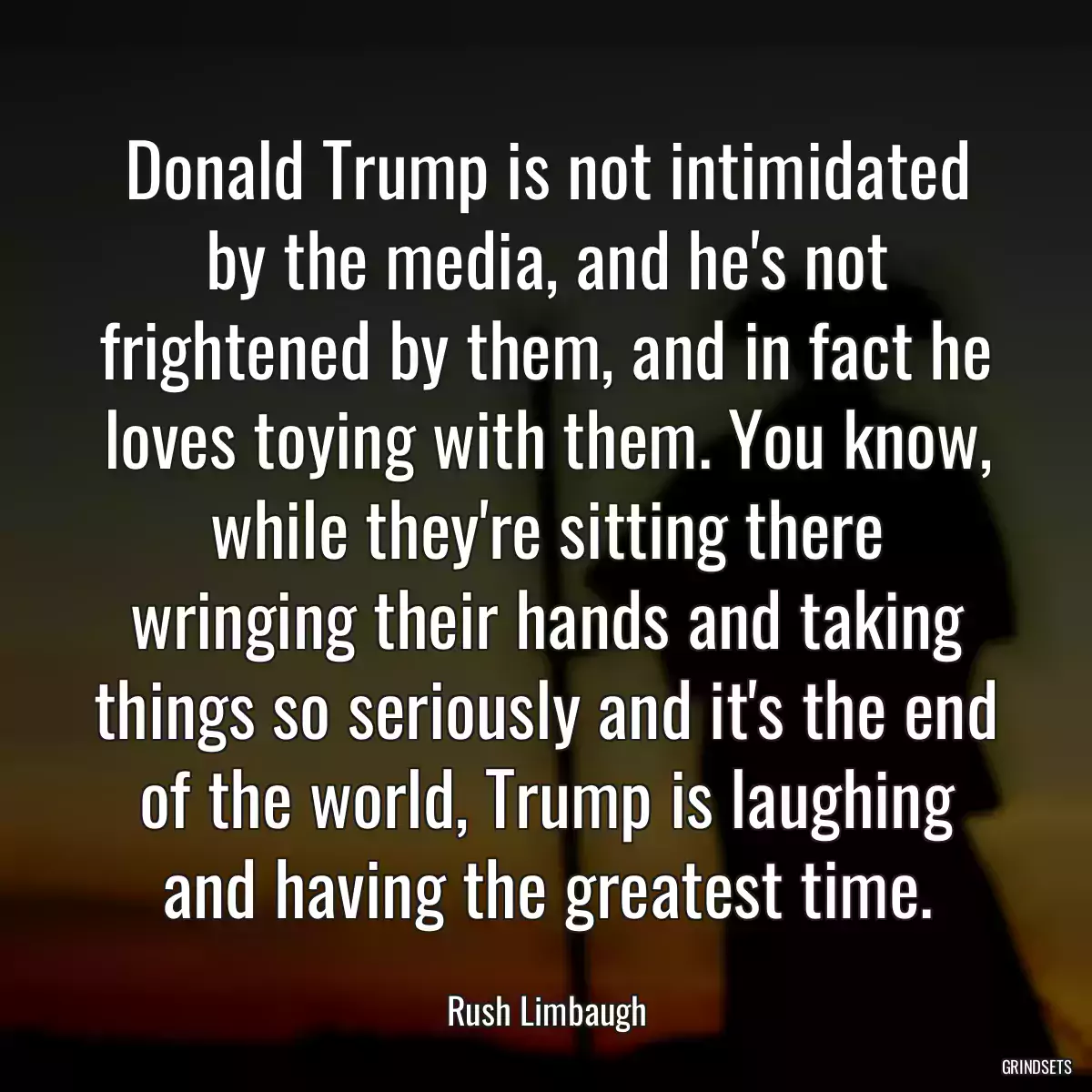 Donald Trump is not intimidated by the media, and he\'s not frightened by them, and in fact he loves toying with them. You know, while they\'re sitting there wringing their hands and taking things so seriously and it\'s the end of the world, Trump is laughing and having the greatest time.