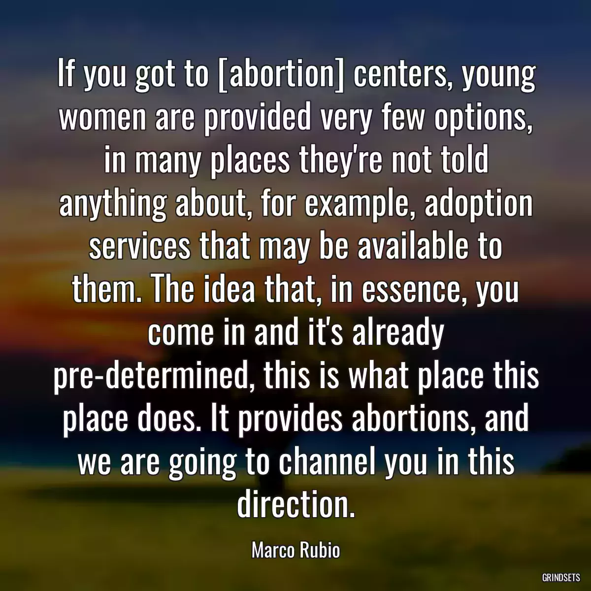 If you got to [abortion] centers, young women are provided very few options, in many places they\'re not told anything about, for example, adoption services that may be available to them. The idea that, in essence, you come in and it\'s already pre-determined, this is what place this place does. It provides abortions, and we are going to channel you in this direction.