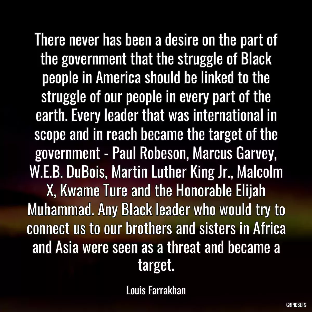 There never has been a desire on the part of the government that the struggle of Black people in America should be linked to the struggle of our people in every part of the earth. Every leader that was international in scope and in reach became the target of the government - Paul Robeson, Marcus Garvey, W.E.B. DuBois, Martin Luther King Jr., Malcolm X, Kwame Ture and the Honorable Elijah Muhammad. Any Black leader who would try to connect us to our brothers and sisters in Africa and Asia were seen as a threat and became a target.