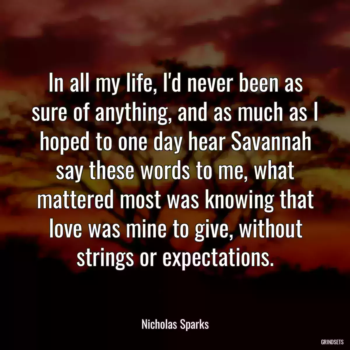 In all my life, I\'d never been as sure of anything, and as much as I hoped to one day hear Savannah say these words to me, what mattered most was knowing that love was mine to give, without strings or expectations.