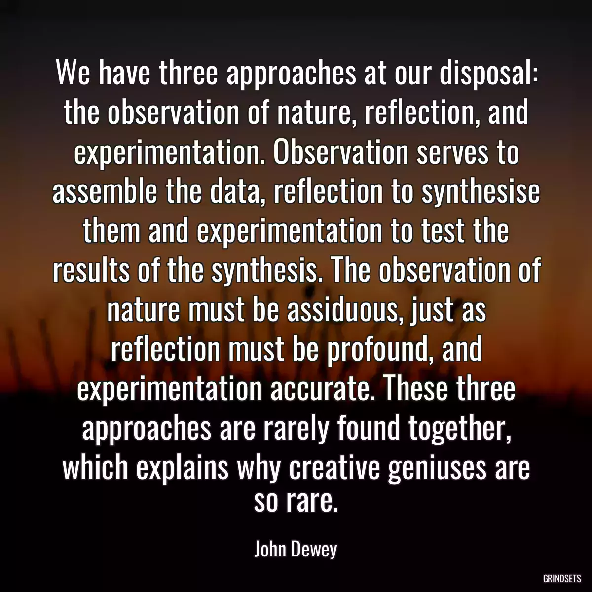 We have three approaches at our disposal: the observation of nature, reflection, and experimentation. Observation serves to assemble the data, reflection to synthesise them and experimentation to test the results of the synthesis. The observation of nature must be assiduous, just as reflection must be profound, and experimentation accurate. These three approaches are rarely found together, which explains why creative geniuses are so rare.