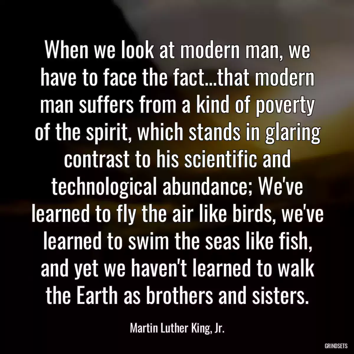 When we look at modern man, we have to face the fact...that modern man suffers from a kind of poverty of the spirit, which stands in glaring contrast to his scientific and technological abundance; We\'ve learned to fly the air like birds, we\'ve learned to swim the seas like fish, and yet we haven\'t learned to walk the Earth as brothers and sisters.