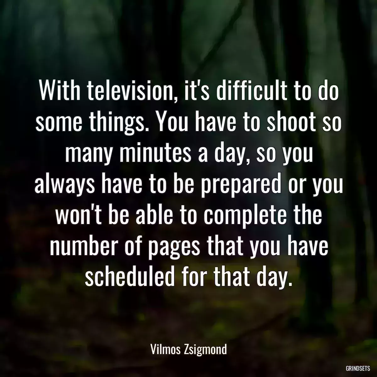 With television, it\'s difficult to do some things. You have to shoot so many minutes a day, so you always have to be prepared or you won\'t be able to complete the number of pages that you have scheduled for that day.