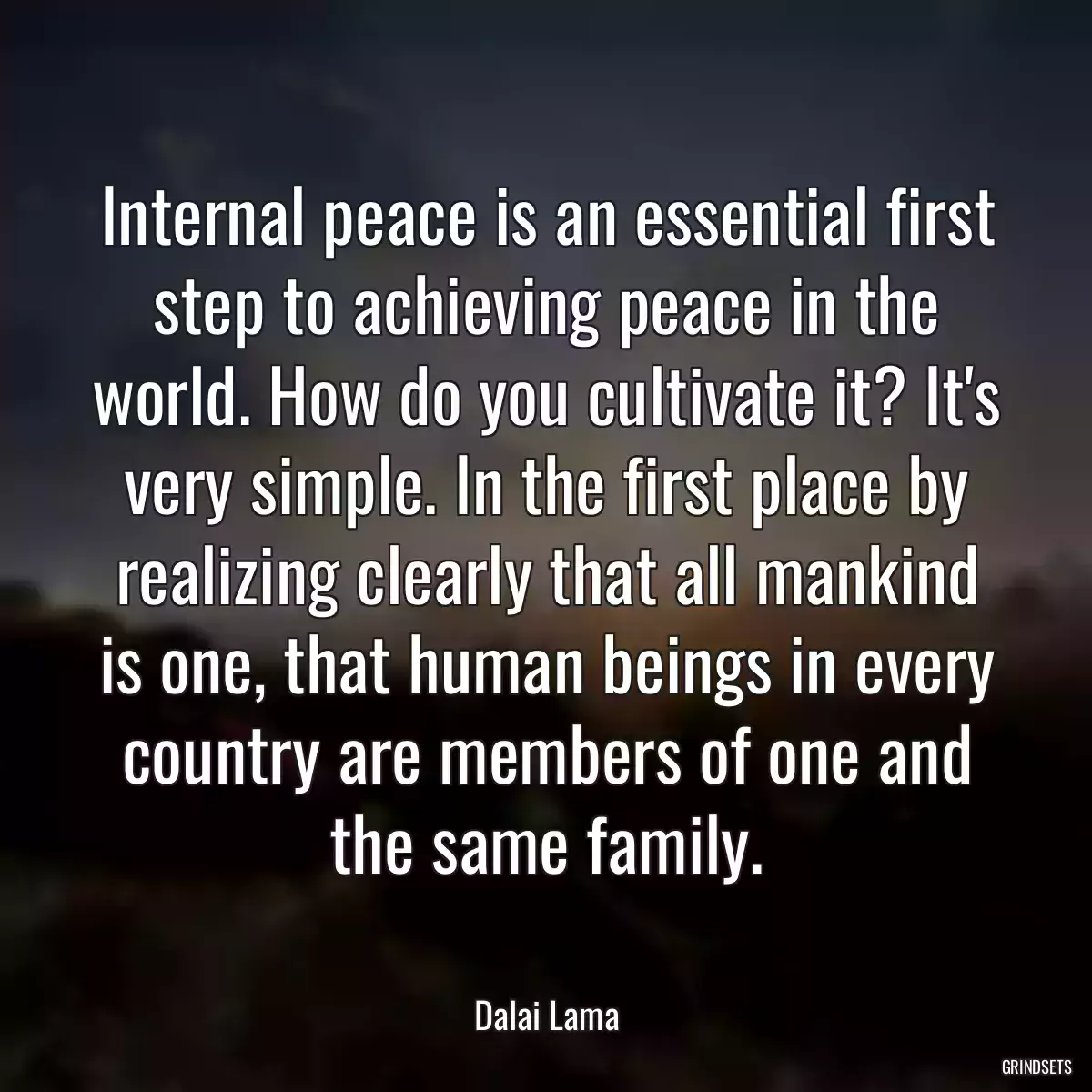 Internal peace is an essential first step to achieving peace in the world. How do you cultivate it? It\'s very simple. In the first place by realizing clearly that all mankind is one, that human beings in every country are members of one and the same family.