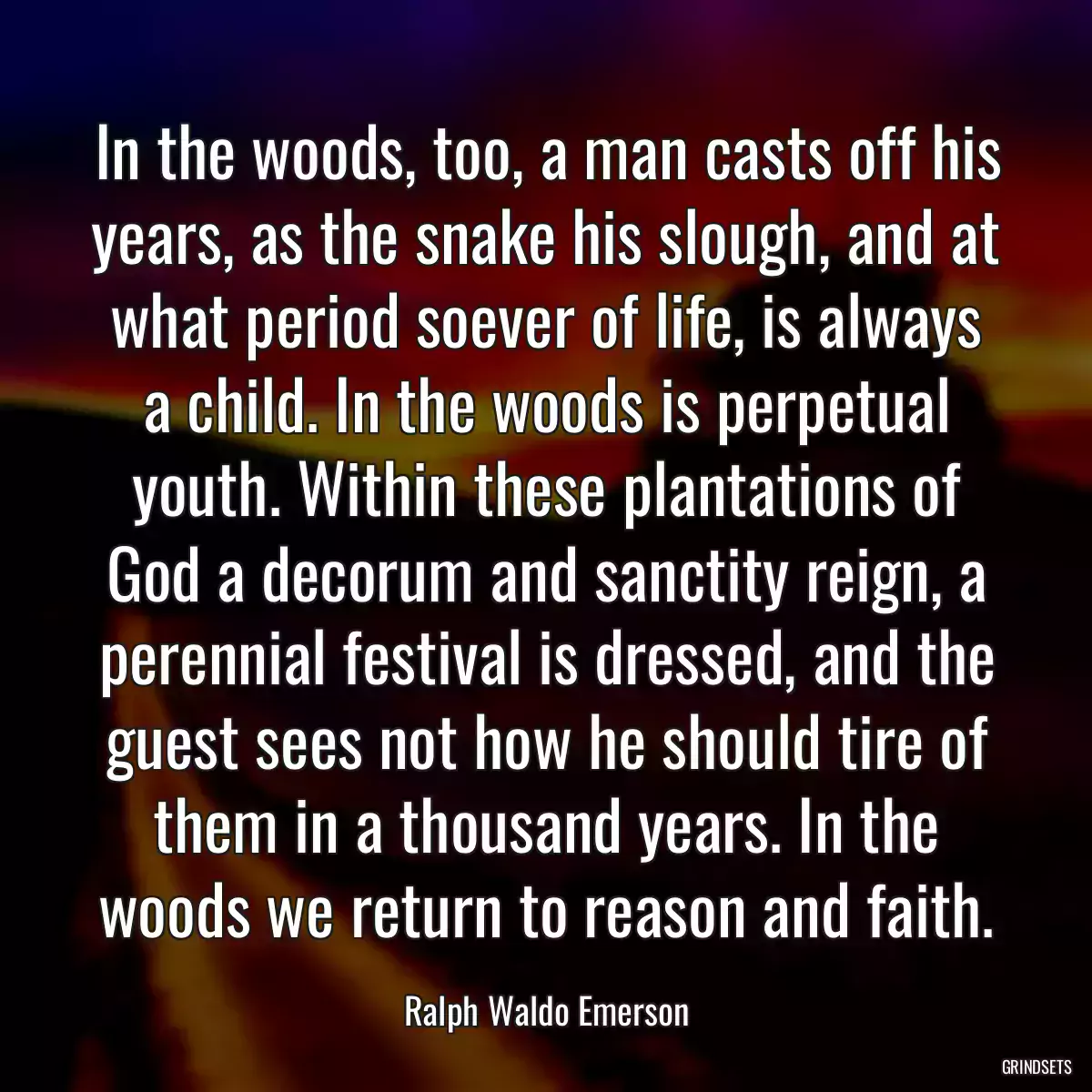 In the woods, too, a man casts off his years, as the snake his slough, and at what period soever of life, is always a child. In the woods is perpetual youth. Within these plantations of God a decorum and sanctity reign, a perennial festival is dressed, and the guest sees not how he should tire of them in a thousand years. In the woods we return to reason and faith.