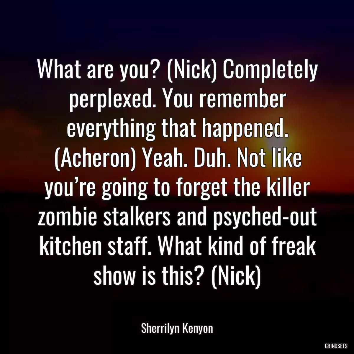 What are you? (Nick) Completely perplexed. You remember everything that happened. (Acheron) Yeah. Duh. Not like you’re going to forget the killer zombie stalkers and psyched-out kitchen staff. What kind of freak show is this? (Nick)