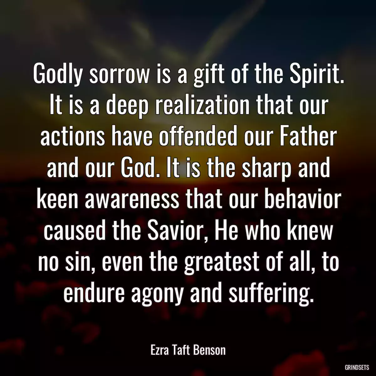 Godly sorrow is a gift of the Spirit. It is a deep realization that our actions have offended our Father and our God. It is the sharp and keen awareness that our behavior caused the Savior, He who knew no sin, even the greatest of all, to endure agony and suffering.