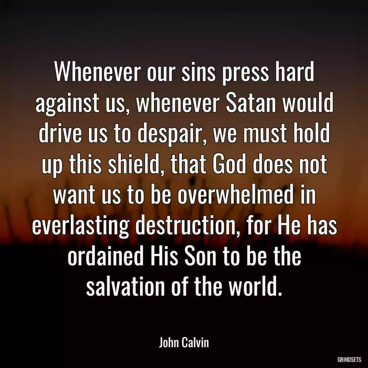 Whenever our sins press hard against us, whenever Satan would drive us to despair, we must hold up this shield, that God does not want us to be overwhelmed in everlasting destruction, for He has ordained His Son to be the salvation of the world.